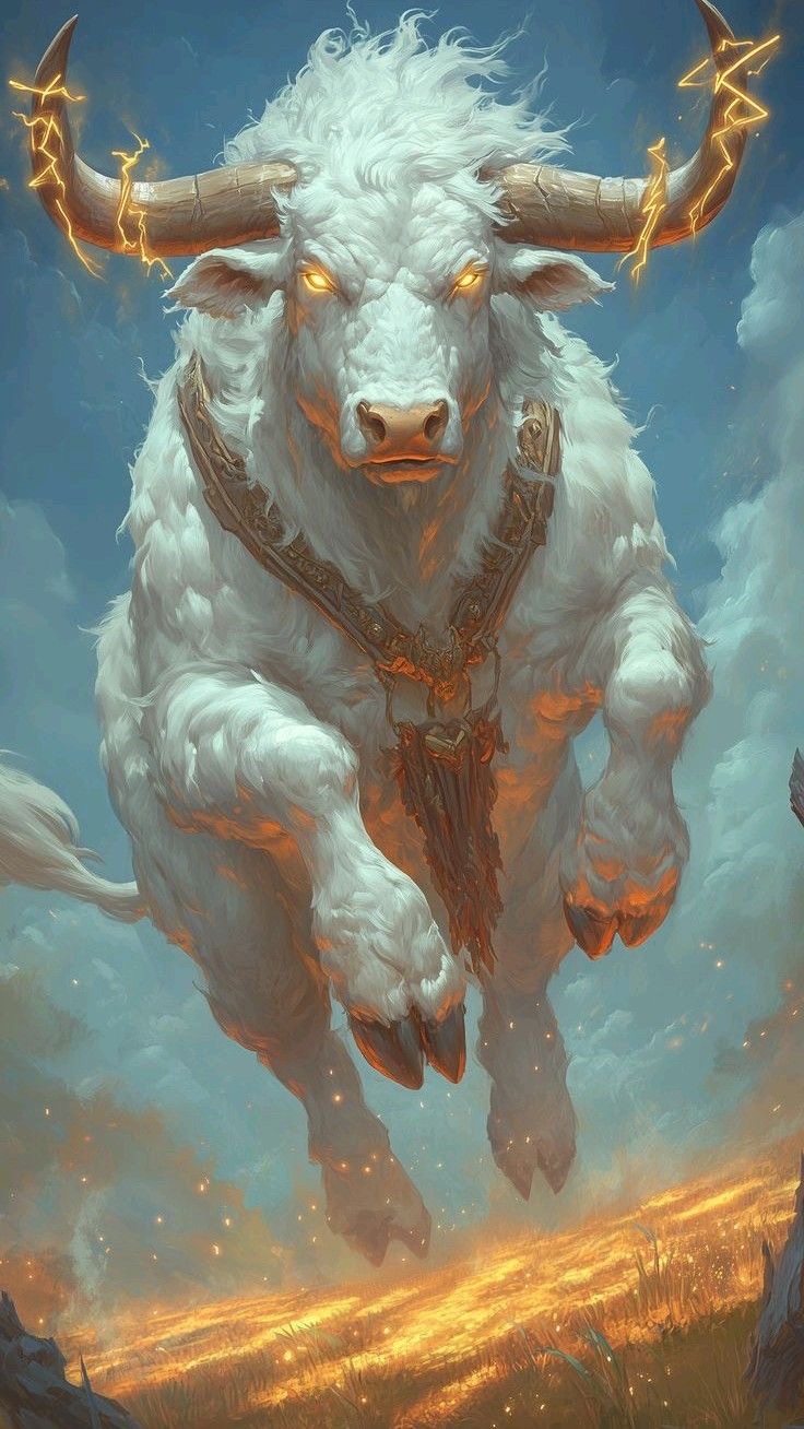 A mystical white buffalo charging with glowing golden horns