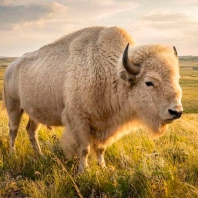A white buffalo standing in golden grassland at sunset